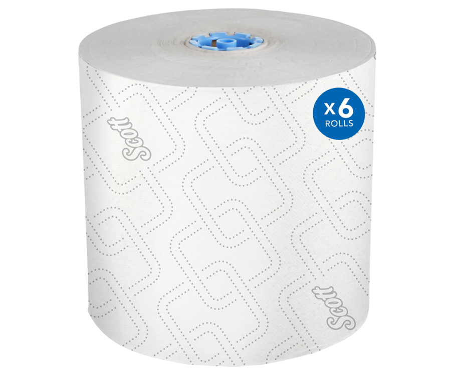 Scott towel roll placed in front of a large white carton of the same Scott 1-Ply White High-Capacity Hard Roll Towel (7.5 in. x 1150 ft., 6 RL/CS)